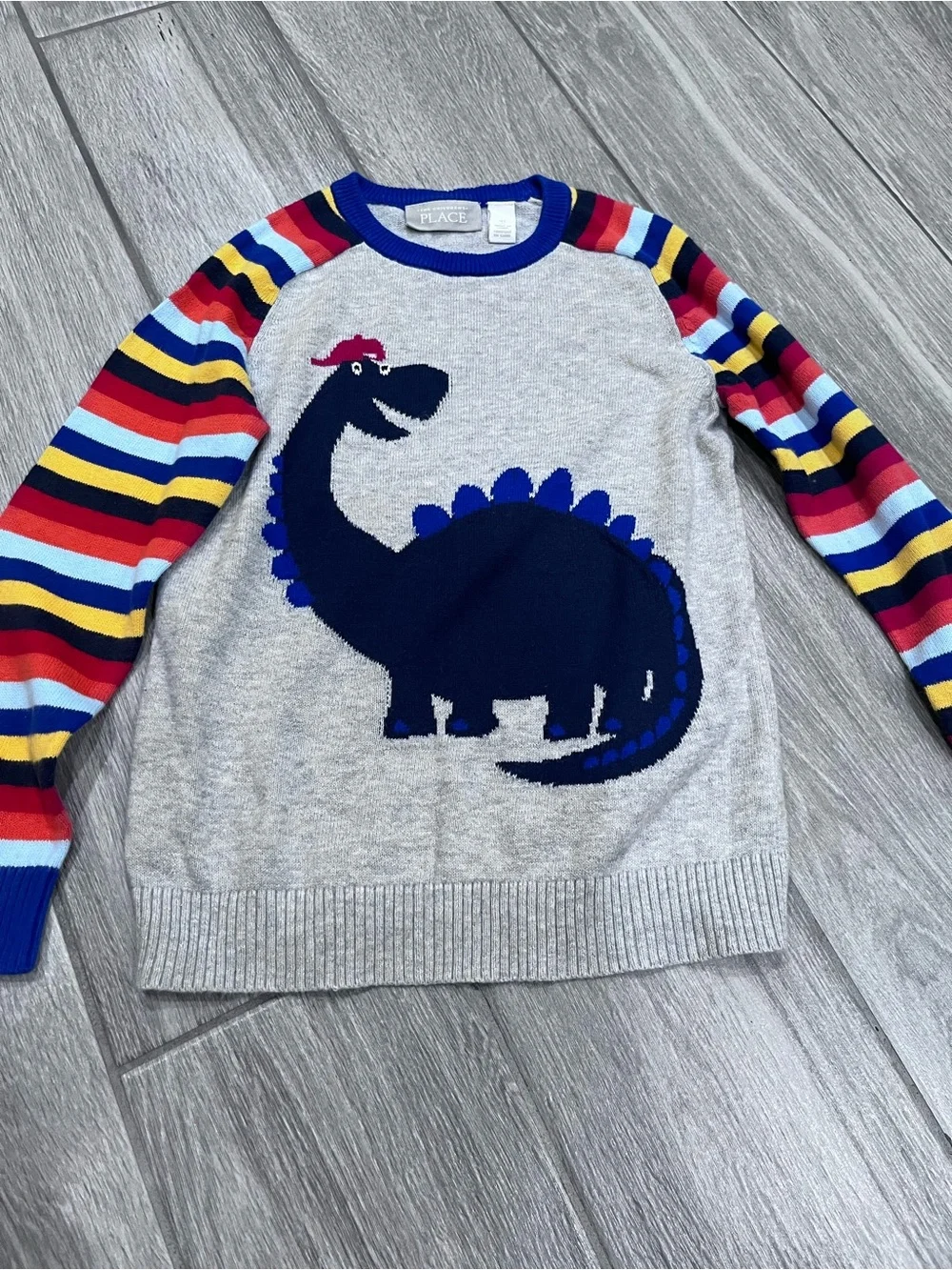 The Children's Place Gray Sweater with Navy Dino & Multicolor Stripe Sleeves